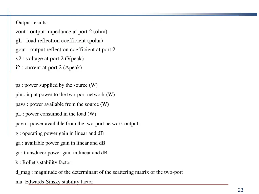 output results zout output impedance at port
