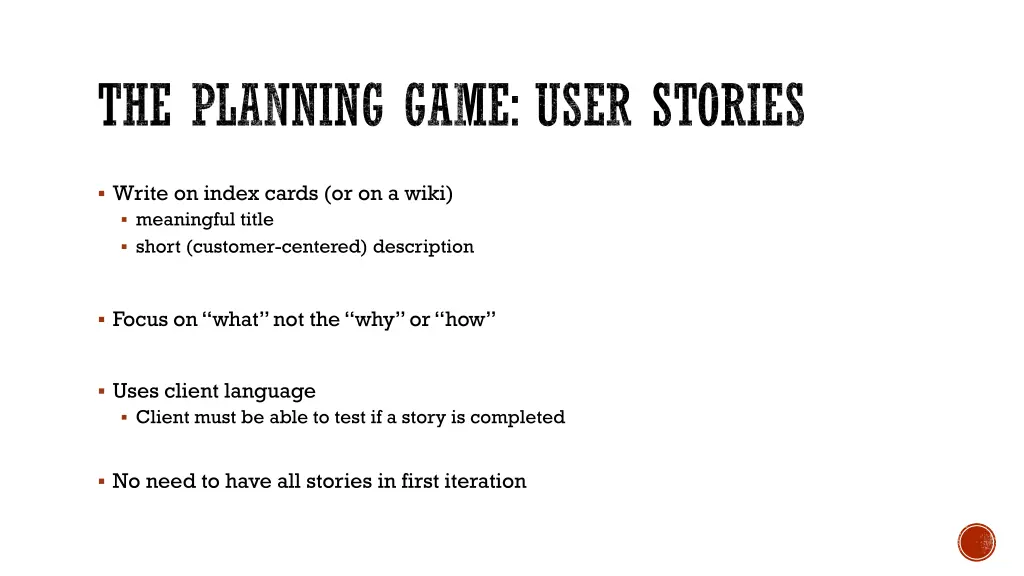 the planning game user stories