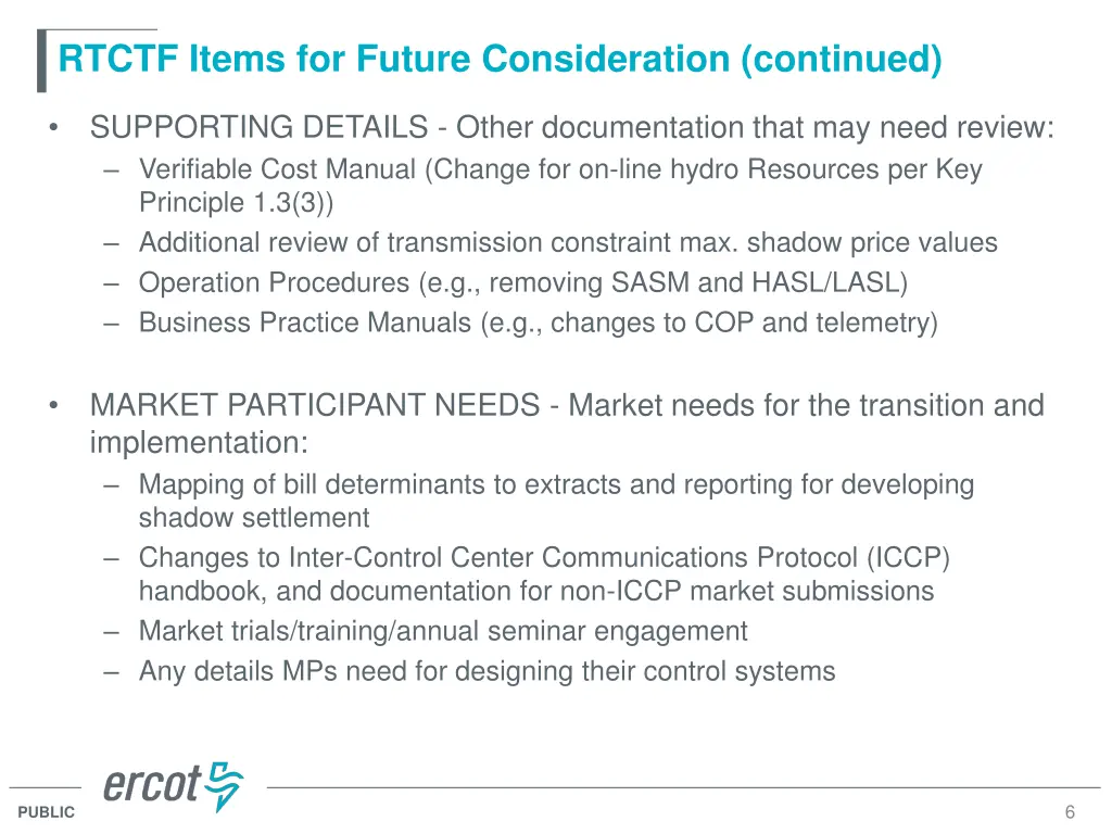 rtctf items for future consideration continued