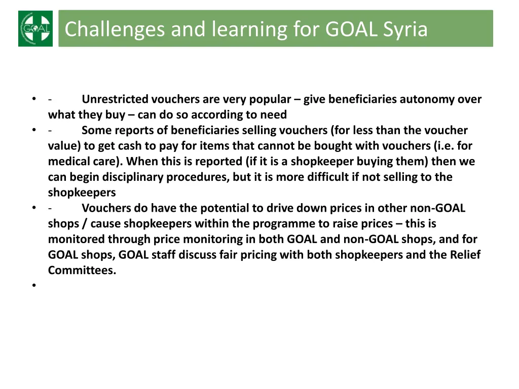 challenges and learning for goal syria 1