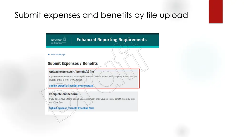 submit expenses and benefits by file upload draft
