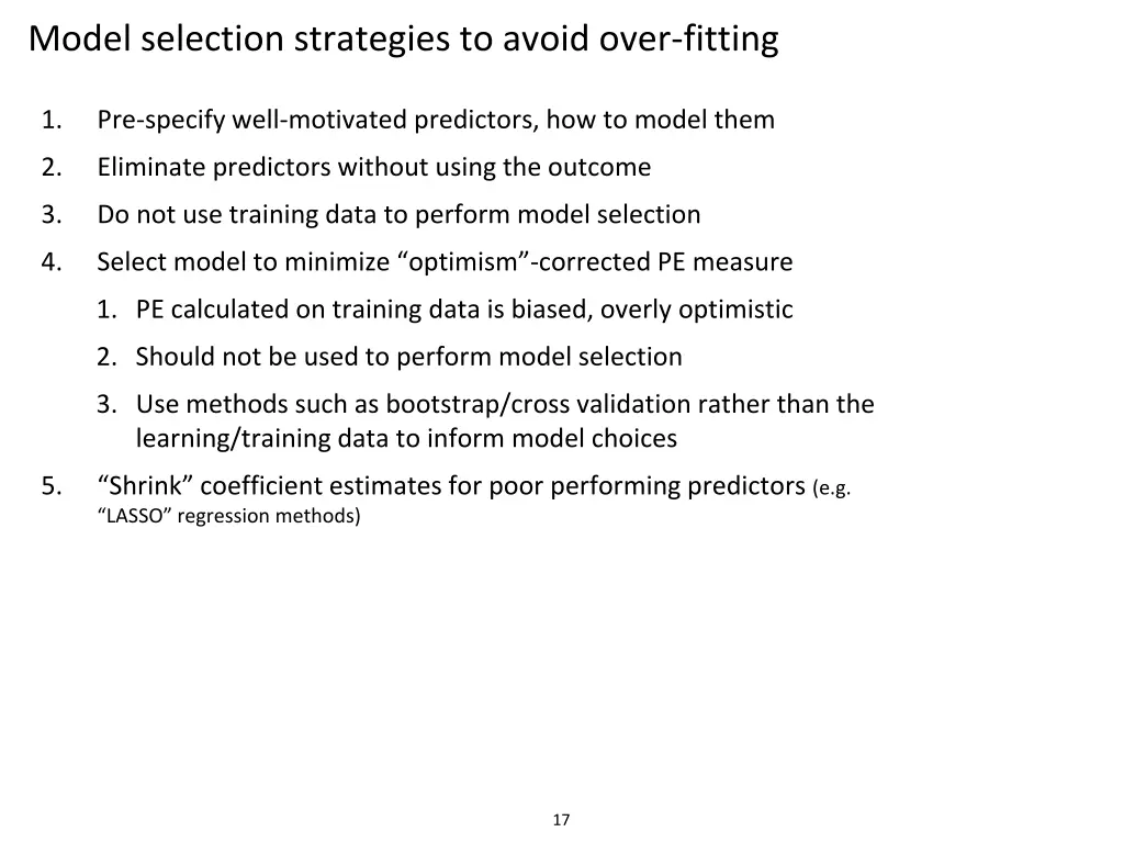 model selection strategies to avoid over fitting