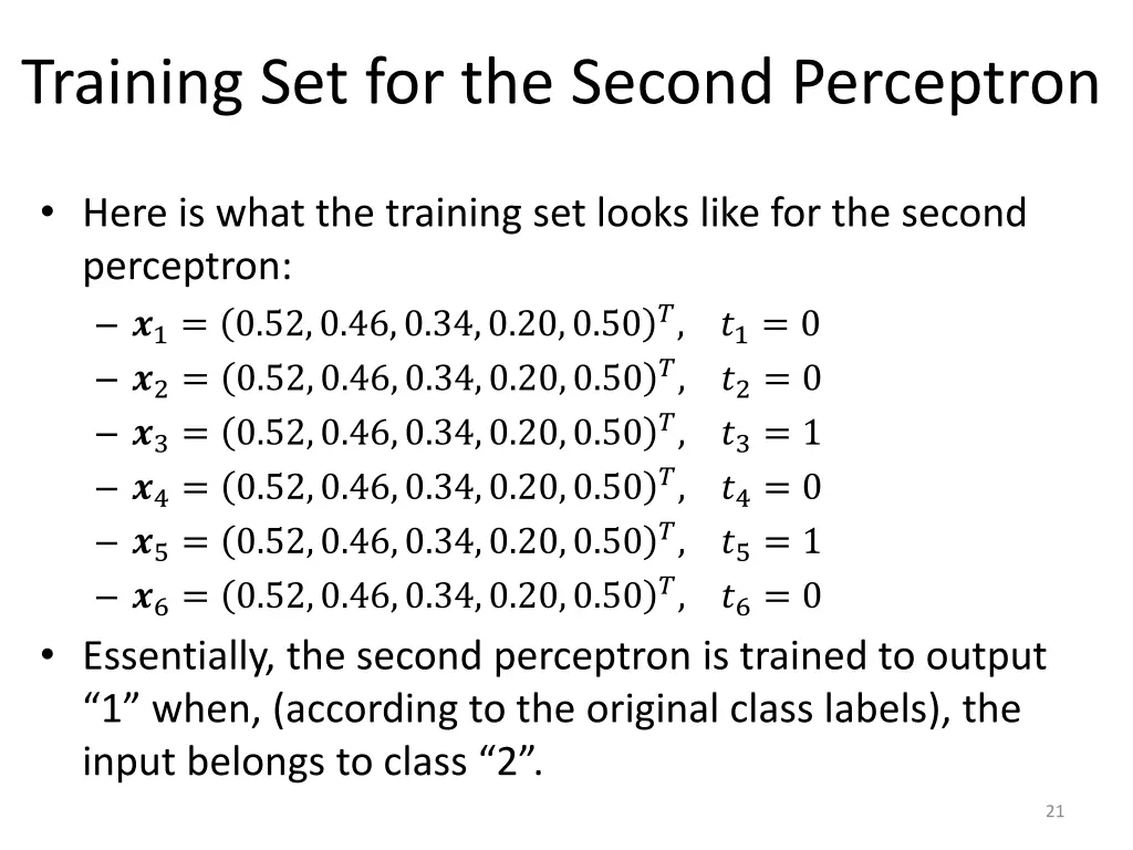 training set for the second perceptron