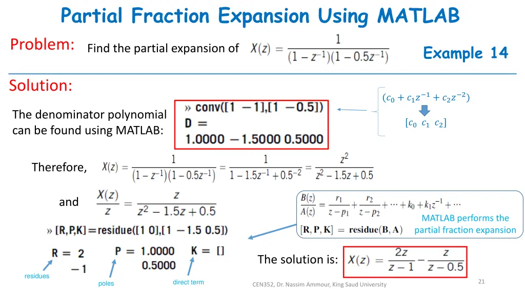 partial fraction expansion using matlab problem