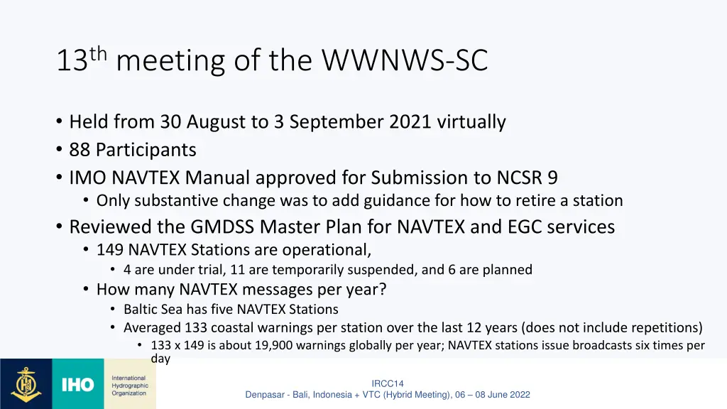 13 th meeting of the wwnws sc