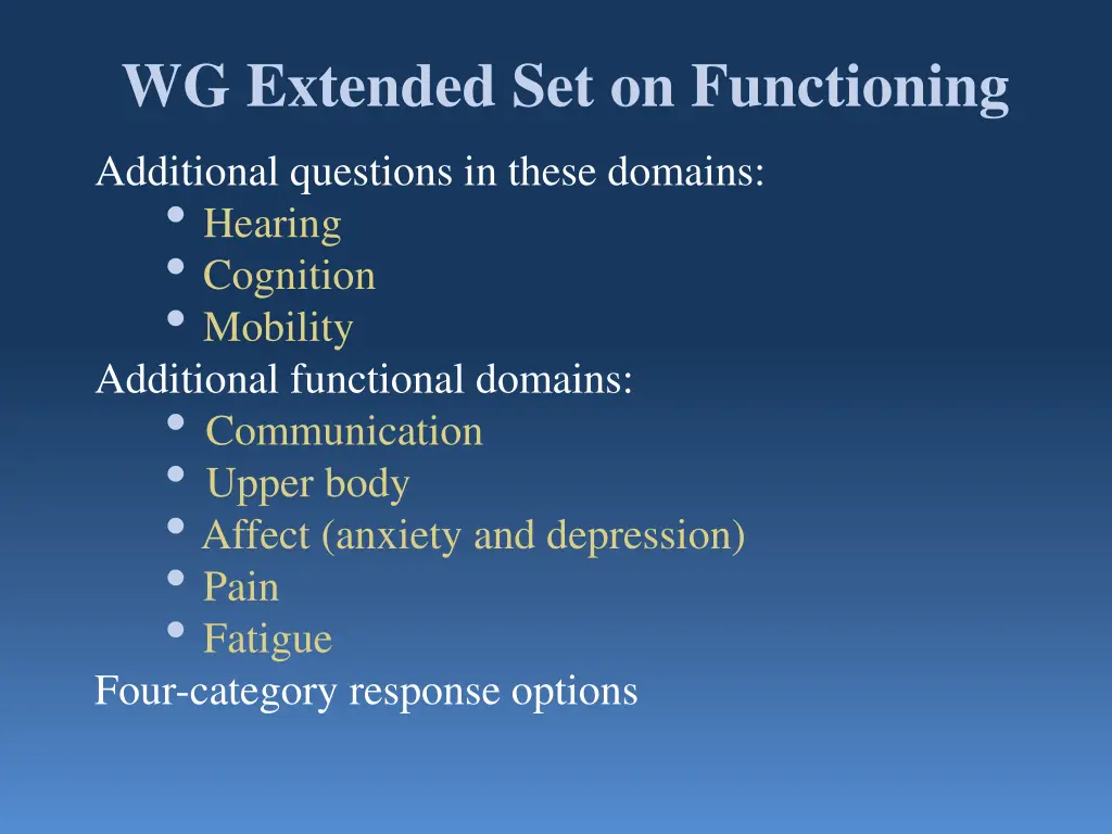 wg extended set on functioning