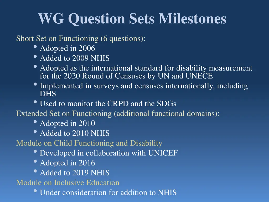 wg question sets milestones