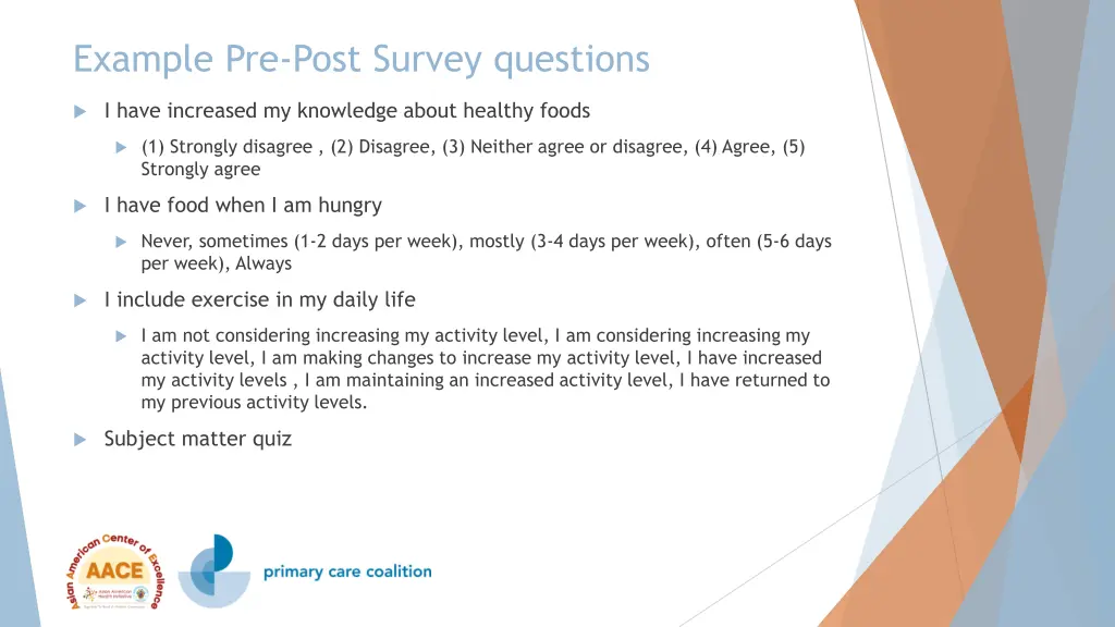 example pre post survey questions