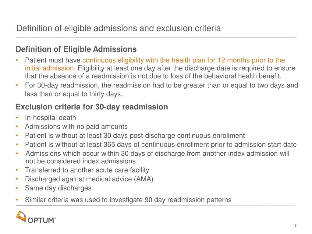definition of eligible admissions and exclusion