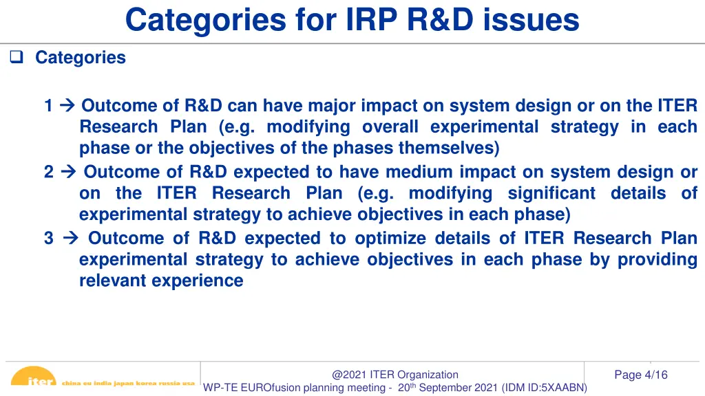 categories for irp r d issues