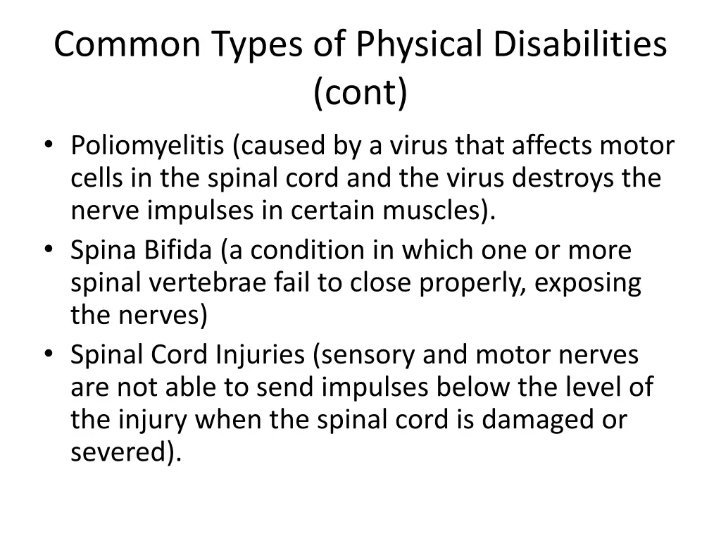 common types of physical disabilities cont