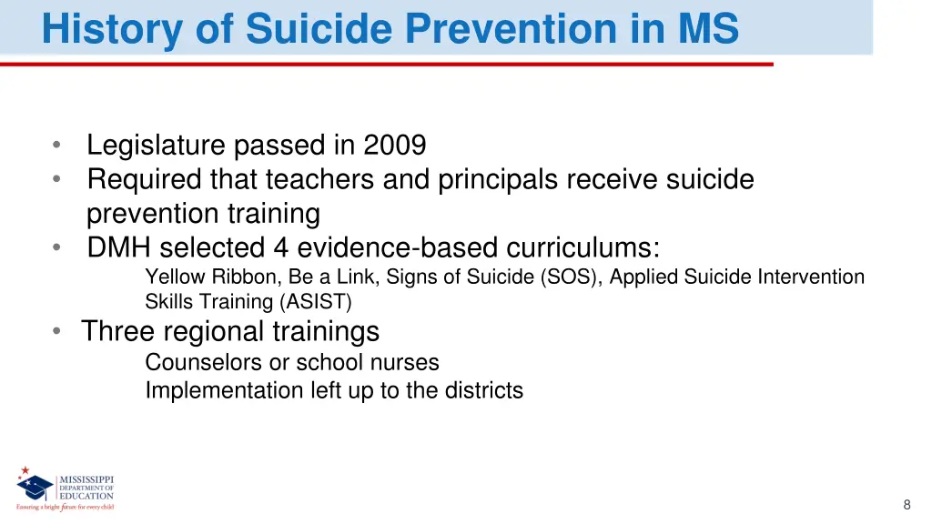 history of suicide prevention in ms