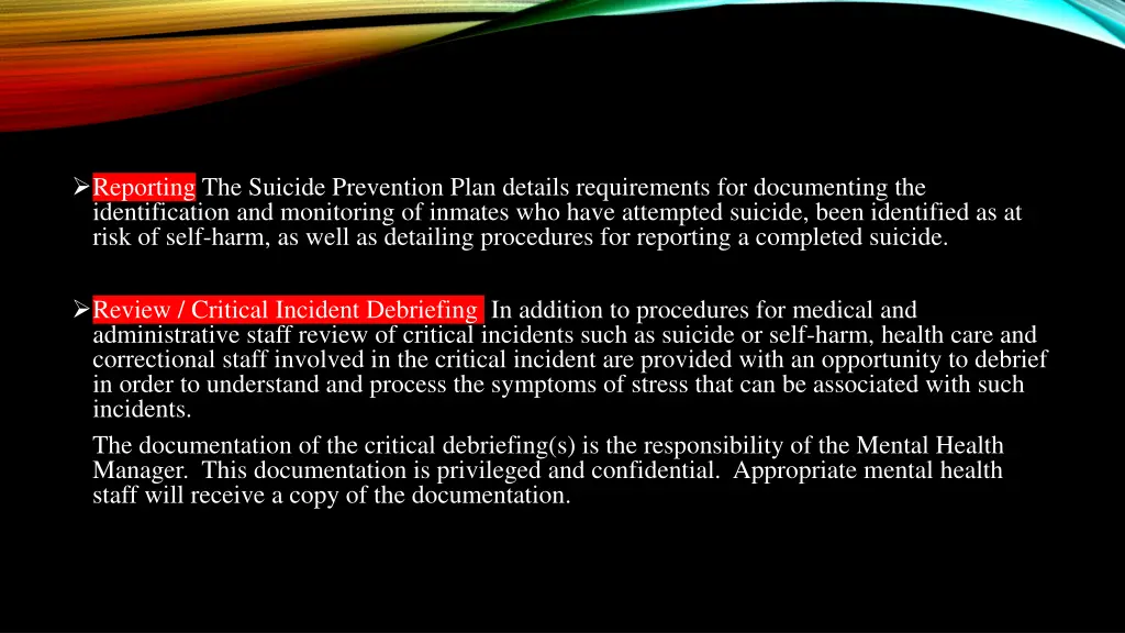 reporting the suicide prevention plan details