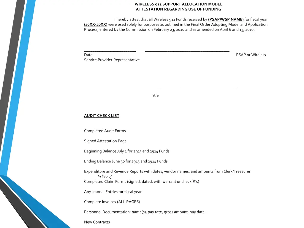 wireless 911 support allocation model attestation