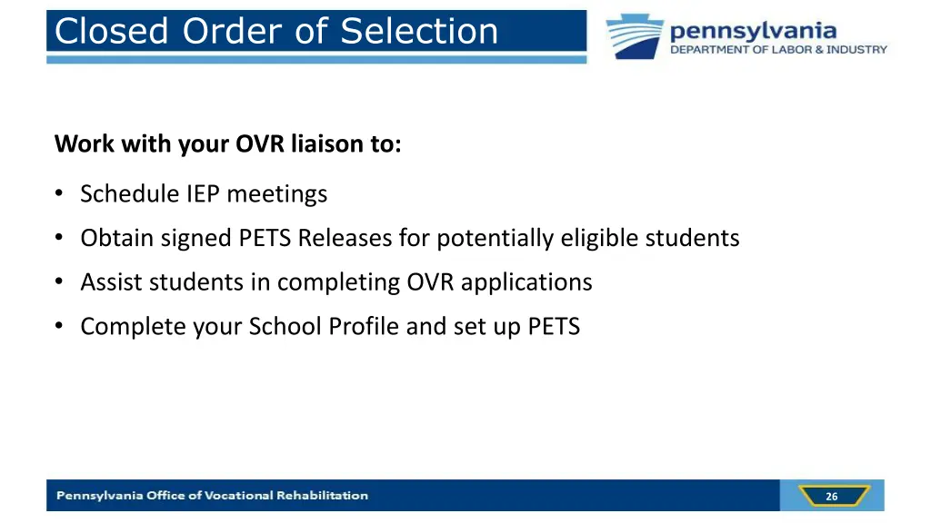 closed order of selection