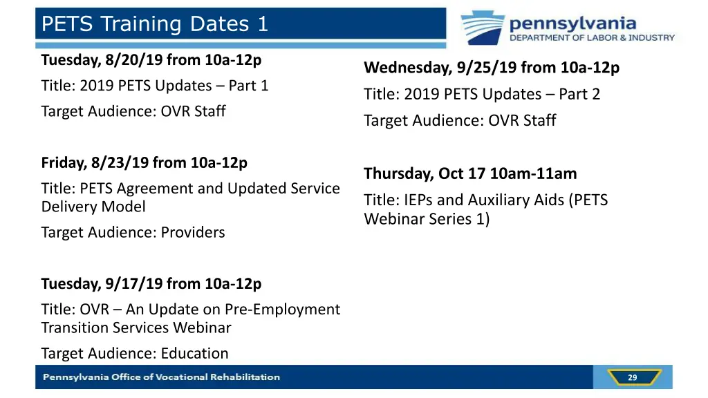 pets training dates 1