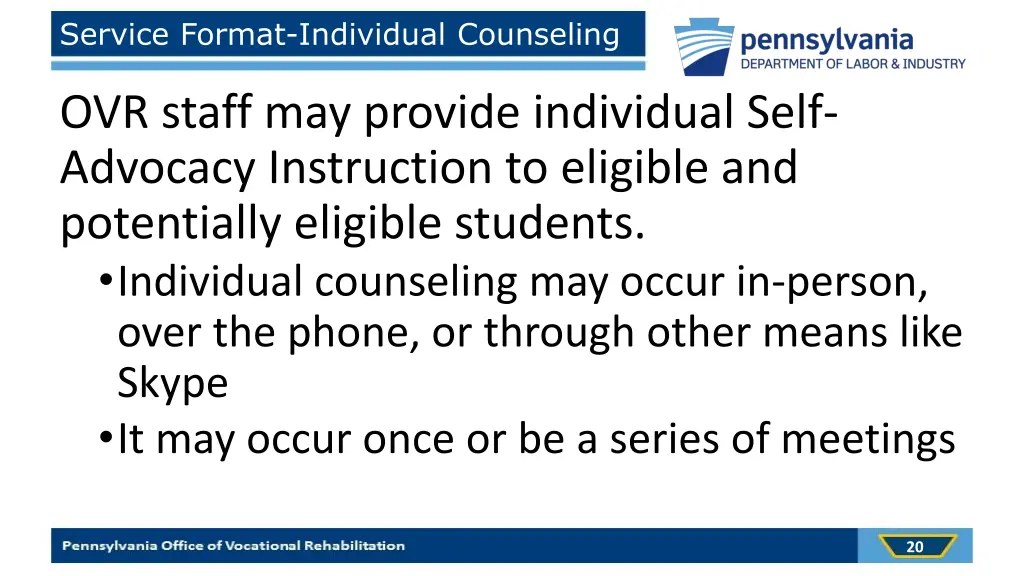service format individual counseling