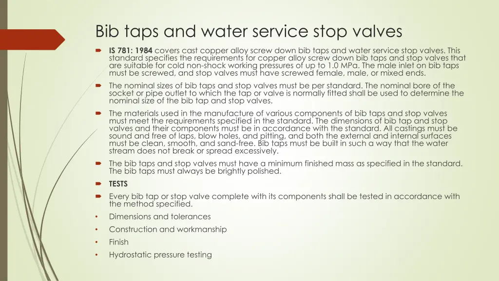 bib taps and water service stop valves