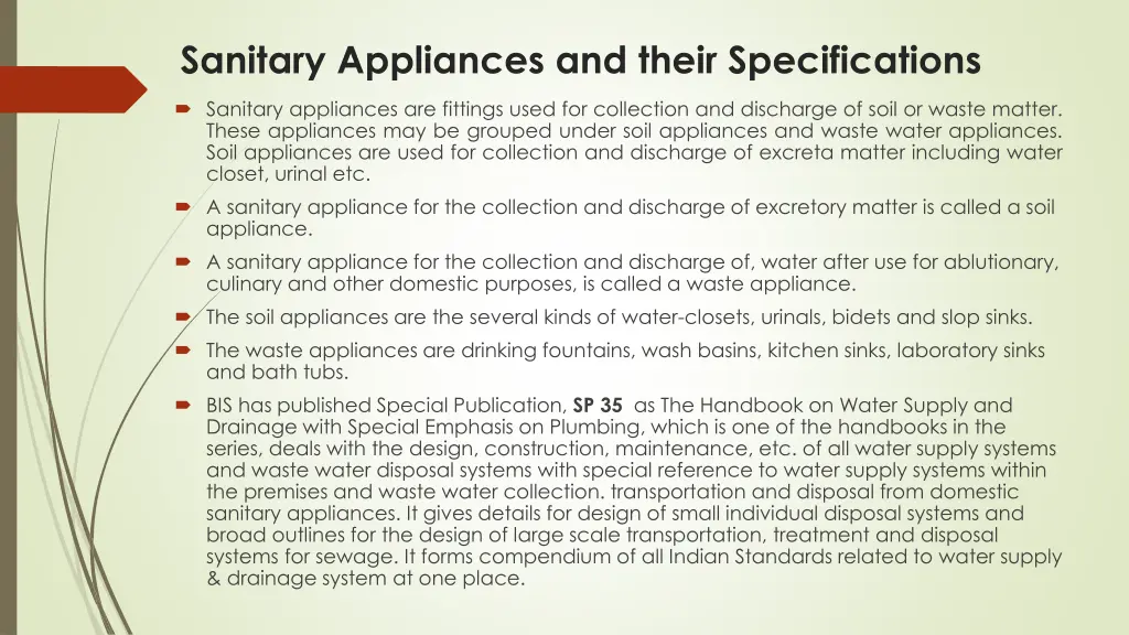 sanitary appliances and their specifications