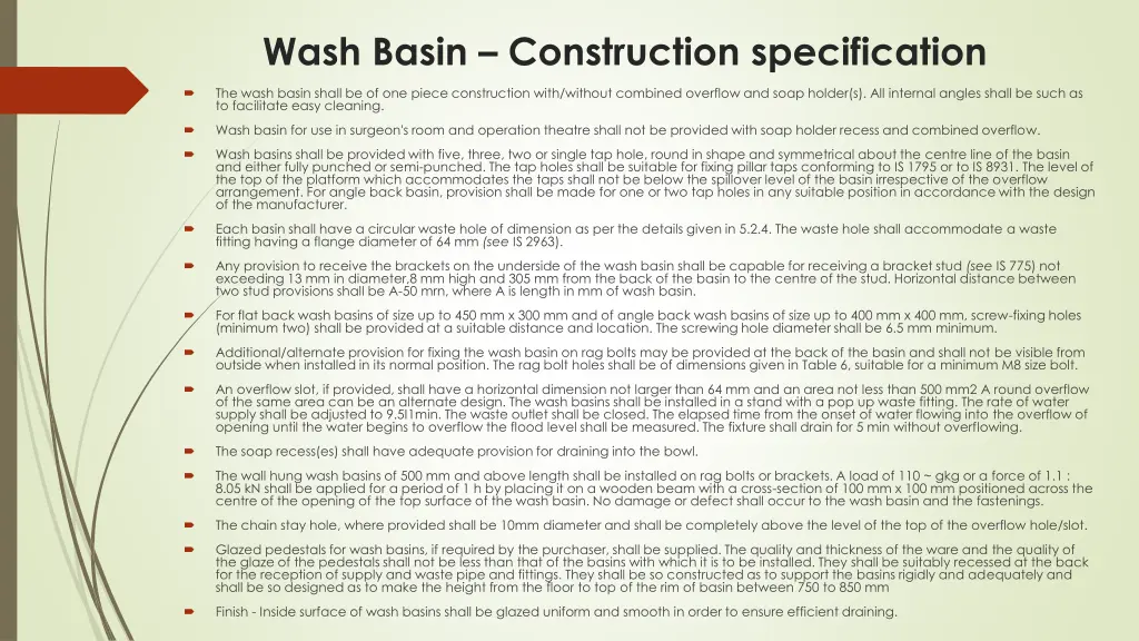 wash basin construction specification
