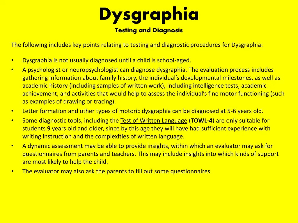 dysgraphia testing and diagnosis