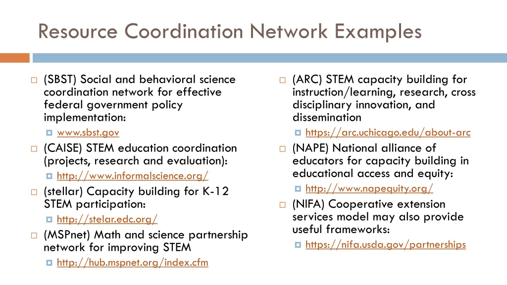 resource coordination network examples