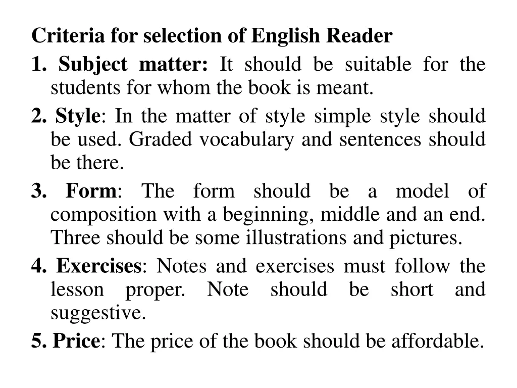 criteria for selection of english reader
