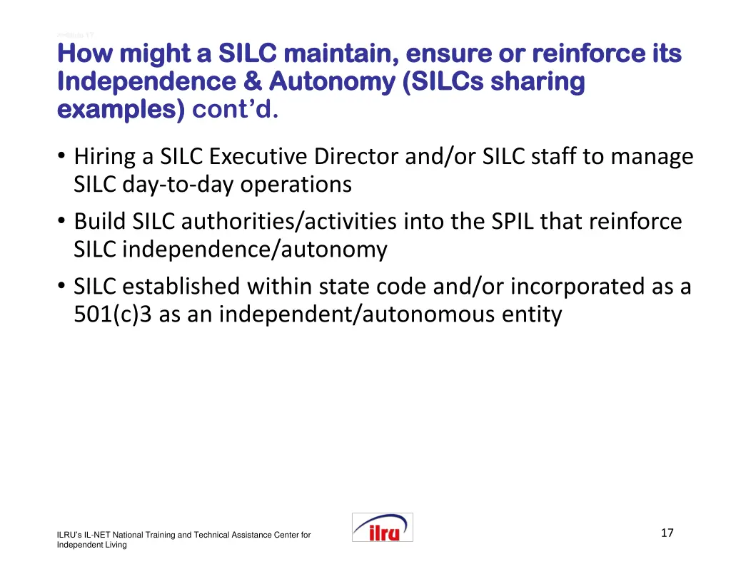 slide 17 slide 17 how might a silc maintain
