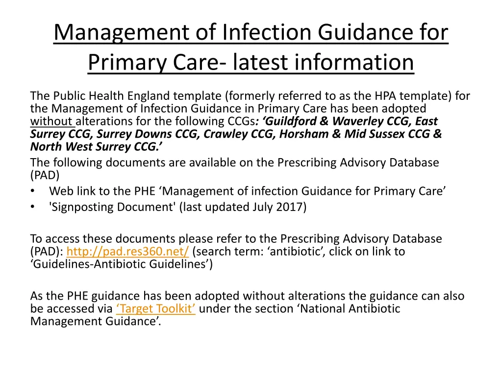 management of infection guidance for primary care