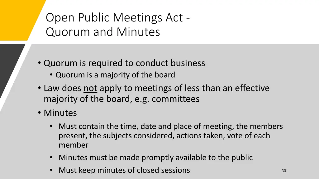 open public meetings act quorum and minutes