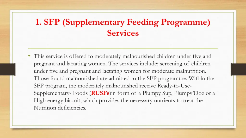 1 sfp supplementary feeding programme services