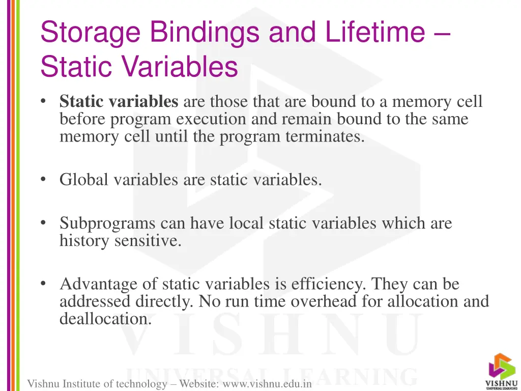 storage bindings and lifetime static variables