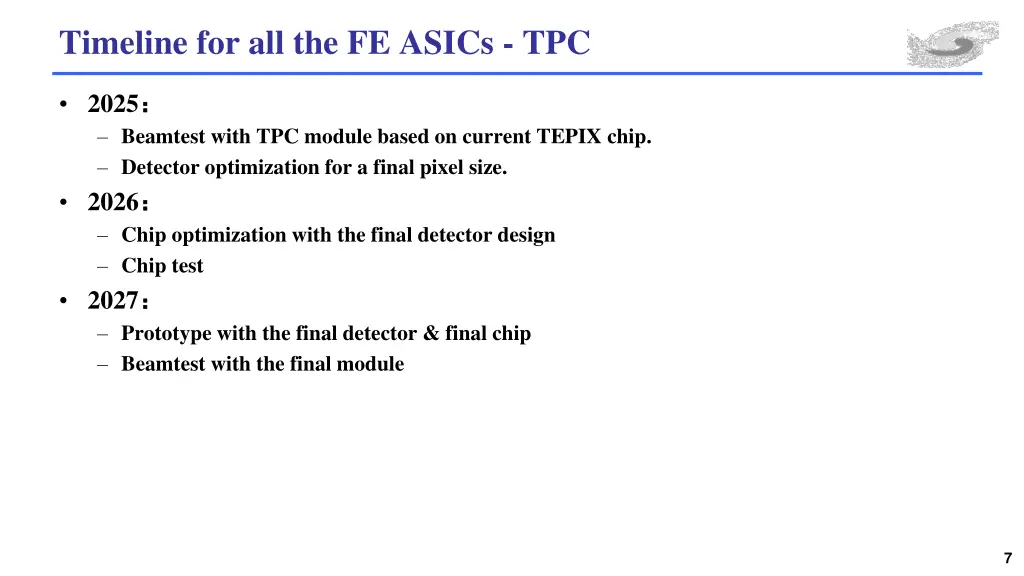 timeline for all the fe asics tpc