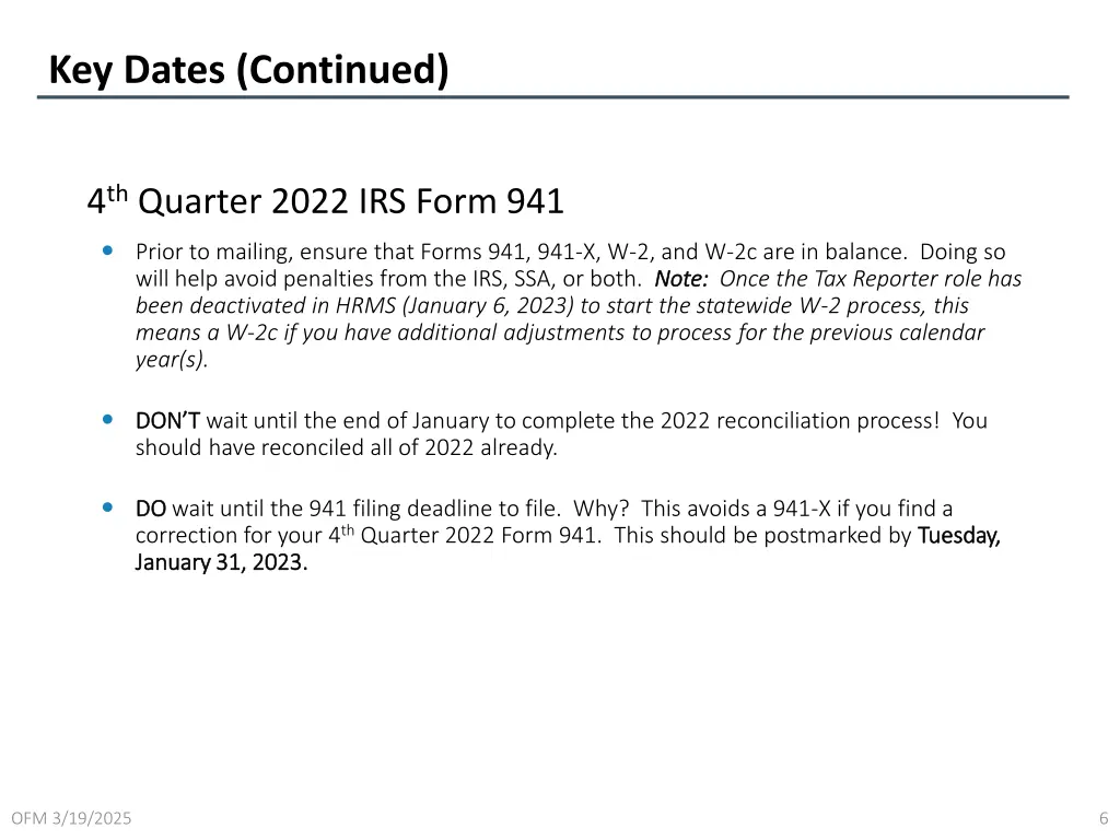 key dates continued 2