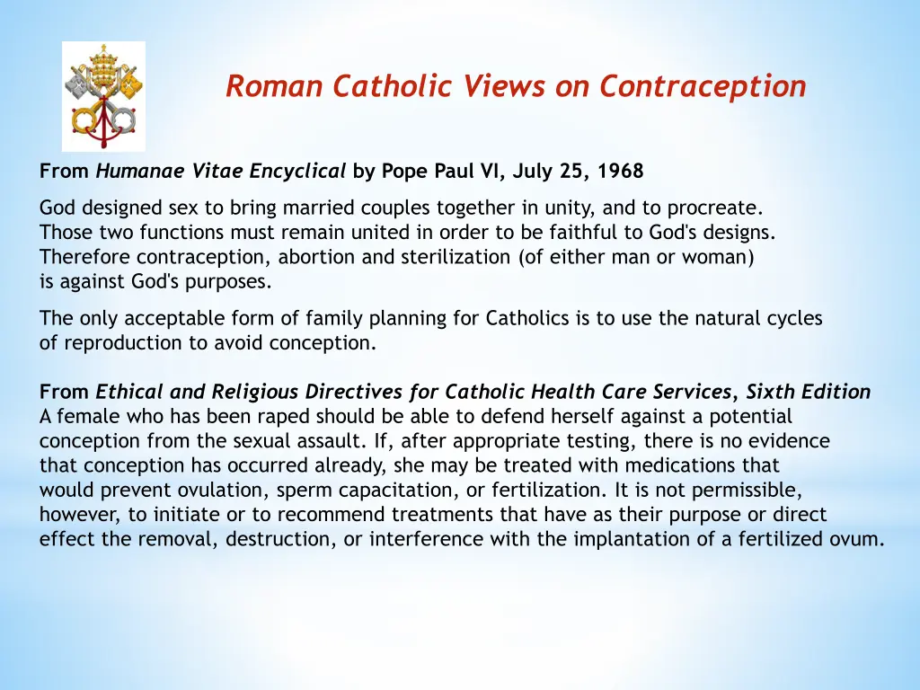 roman catholic views on contraception