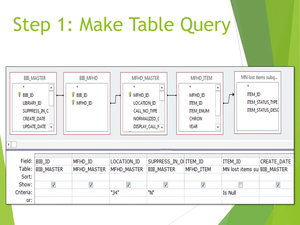 step 1 make table query
