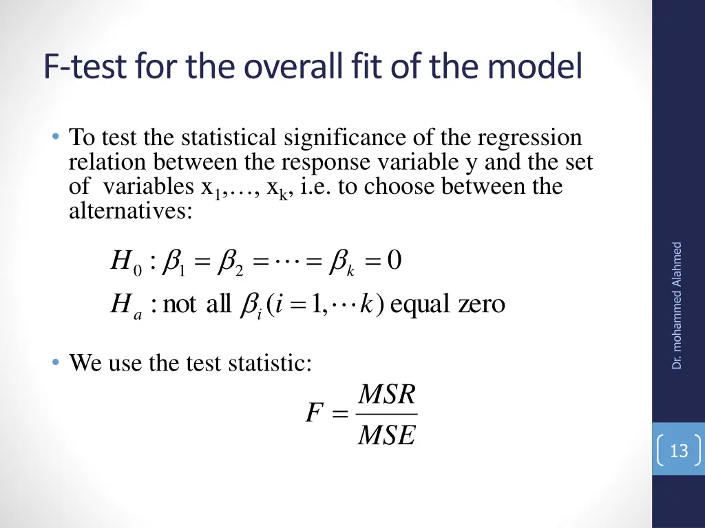 f test for the overall fit of the model