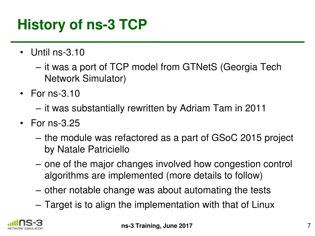 history of ns 3 tcp 1