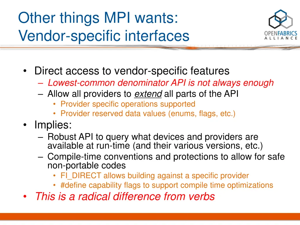 other things mpi wants vendor specific interfaces