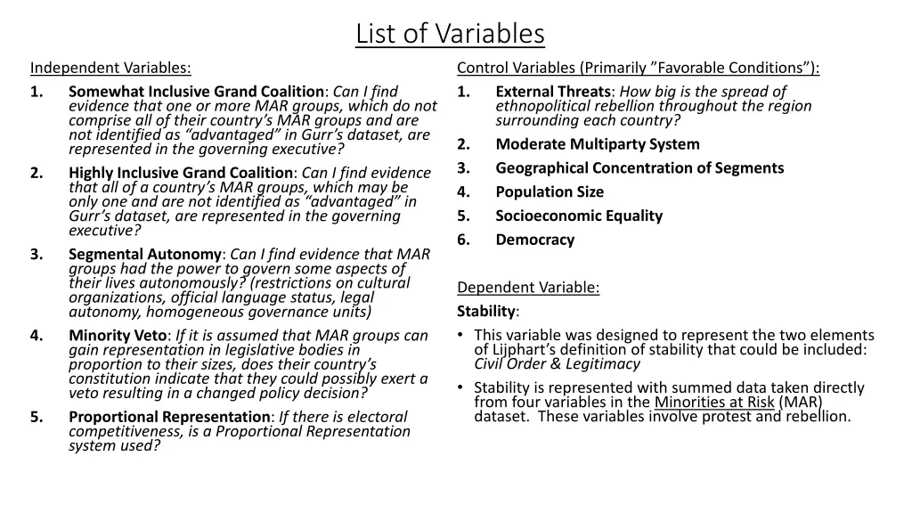 list of variables