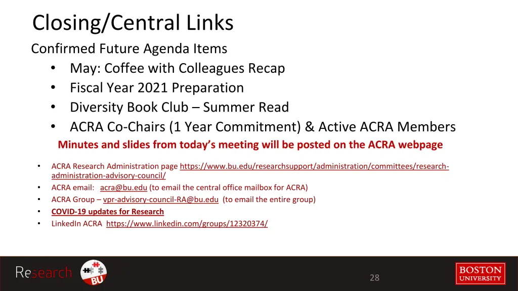 closing central links confirmed future agenda
