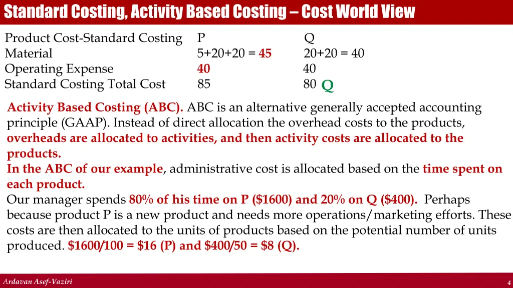 standard costing activity based costing cost