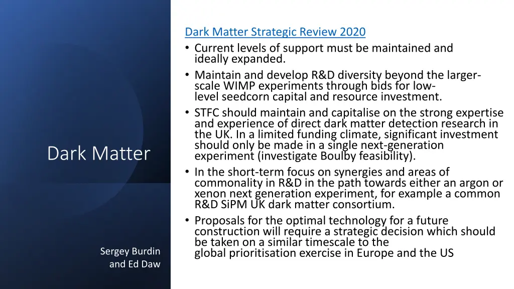 dark matter strategic review 2020 current levels