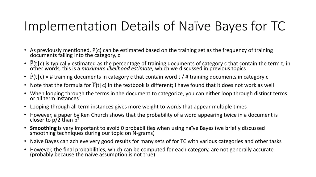 implementation details of na ve bayes for tc