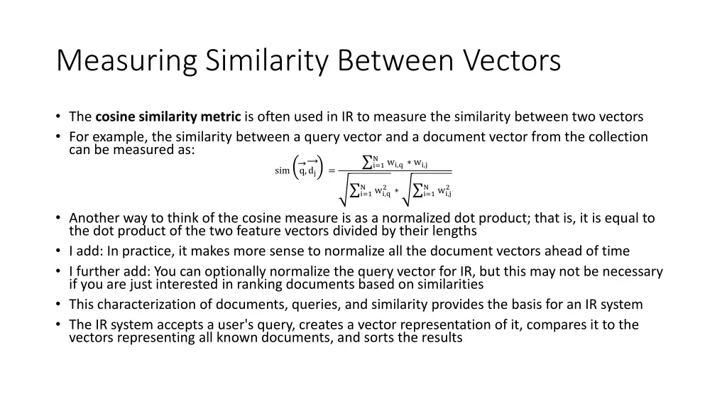 measuring similarity between vectors