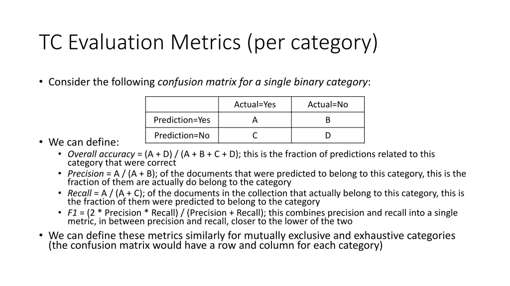 tc evaluation metrics per category