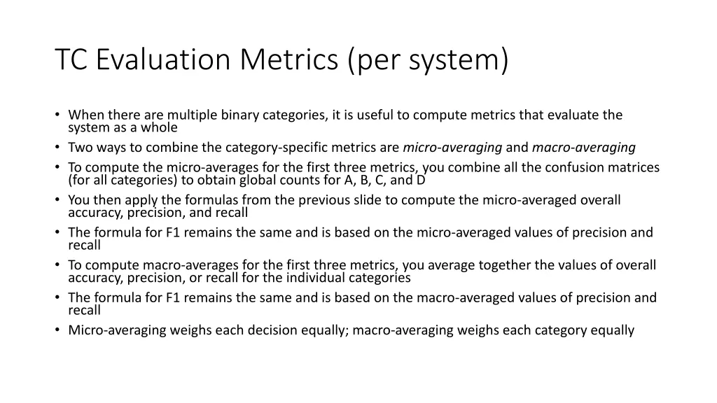 tc evaluation metrics per system