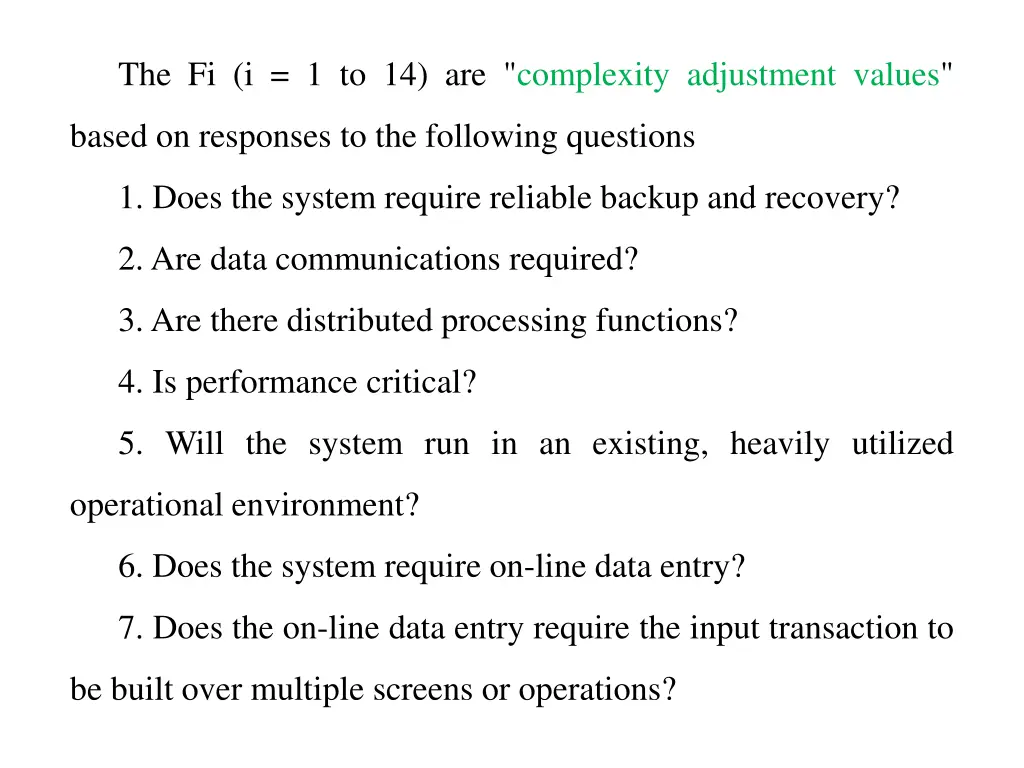 the fi i 1 to 14 are complexity adjustment values
