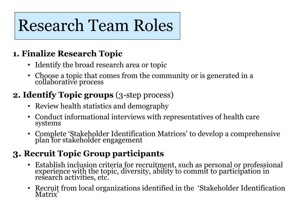 research team roles