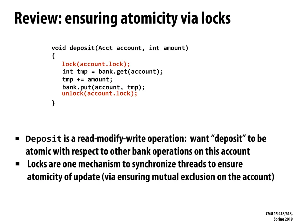 void deposit acct account int amount lock account